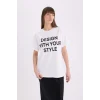 Defacto E5059 Beyaz Oversize Geniş Kalıp Bisiklet Yaka Baskılı Casual Kısa Kollu Tişört