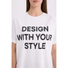 Defacto E5059 Beyaz Oversize Geniş Kalıp Bisiklet Yaka Baskılı Casual Kısa Kollu Tişört