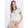 Defacto E0333 Beyaz Coool Fitted Baskılı Ribana Kısa Kollu Tişört