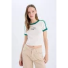 Defacto E0333 Beyaz Coool Fitted Baskılı Ribana Kısa Kollu Tişört
