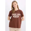 Defacto E5232 Kahve Regular Fit Bisiklet Yaka Baskılı Kısa Kollu Tişört