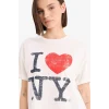 Defacto F0654 Beyaz Coool I Love NY Oversize Geniş Kalıp Bisiklet Yaka Baskılı Kısa Kollu Tişört