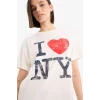 Defacto F0654 Beyaz Coool I Love NY Oversize Geniş Kalıp Bisiklet Yaka Baskılı Kısa Kollu Tişört