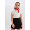 Defacto Z7794 Ekru Kız Çocuk Slim Fit Dar Kesim Polo Yaka Basic Düz Fitilli Kaşkorse Kısa Kollu Tişört
