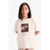 Defacto D9270 Ekru Kız Çocuk Oversize Geniş Kalıp Bisiklet Yaka Baskılı Kısa Kollu Tişört