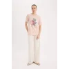 Defacto E0917 Pembe Regular Fit Bisiklet Yaka Baskılı Kısa Kollu Tişört