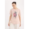 Defacto E0917 Pembe Regular Fit Bisiklet Yaka Baskılı Kısa Kollu Tişört