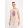 Defacto E0917 Pembe Regular Fit Bisiklet Yaka Baskılı Kısa Kollu Tişört
