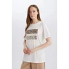 Defacto D8925 Ekru Regular Fit Bisiklet Yaka Leopar Baskılı Kısa Kollu Tişört