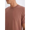 Defacto V7699 Kahve %100 Pamuk New Regular Fit Bisiklet Yaka Basic Düz Kısa Kollu Tişört