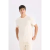Defacto V7699 Ekru %100 Pamuk New Regular Fit Bisiklet Yaka Basic Düz Kısa Kollu Tişört