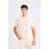 Defacto V7699 Ekru %100 Pamuk New Regular Fit Bisiklet Yaka Basic Düz Kısa Kollu Tişört