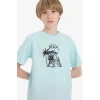 Defacto E6316 Turkuaz Erkek Çocuk Bisiklet Yaka Baskılı Kısa Kollu Tişört