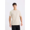 Defacto V7699 Bej %100 Pamuk New Regular Fit Bisiklet Yaka Basic Düz Kısa Kollu Tişört
