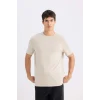Defacto V7699 Bej %100 Pamuk New Regular Fit Bisiklet Yaka Basic Düz Kısa Kollu Tişört