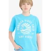 Defacto E0187 Turkuaz Erkek Çocuk Bisiklet Yaka Baskılı Kısa Kollu Tişört