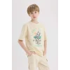 Defacto E0169 Bej Erkek Çocuk Bisiklet Yaka Baskılı Kısa Kollu Tişört