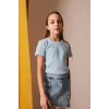 Defacto B6925 Mavi Kız Çocuk Slim Fit Dar Kesim Bisiklet Yaka İşlemeli Fitilli Kaşkorse Kısa Kollu Tişört