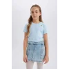 Defacto B6925 Mavi Kız Çocuk Slim Fit Dar Kesim Bisiklet Yaka İşlemeli Fitilli Kaşkorse Kısa Kollu Tişört
