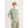 Defacto D7865 Yeşil Erkek Çocuk Bisiklet Yaka Çizgili Kısa Kollu Tişört