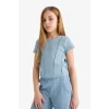 Defacto C0104 Mavi Kız Çocuk Slim Fit Dar Kesim Bisiklet Yaka Basic Düz Ribana Kısa Kollu Tişört
