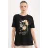 Defacto E1212 Siyah Regular Fit Bisiklet Yaka Baskılı Kısa Kollu Tişört