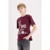 Defacto E0090 Bordo Erkek Çocuk Bisiklet Yaka Baskılı Kısa Kollu Tişört