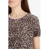 Defacto U1778 Bej Long Fit Bisiklet Yaka Leopar Desenli Penye Kısa Kollu Tişört