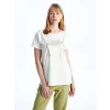 LCWAIKIKI Basic Ekru Bisiklet Yaka Baskılı Kısa Kollu Kadın Tişört