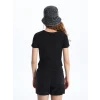 XSIDE Siyah Bisiklet Yaka Nakışlı Kısa Kollu Kadın Tişört