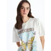 XSIDE Ekru Bisiklet Yaka Baskılı Kısa Kollu Kadın Tişört