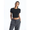 XSIDE Antrasit Bisiklet Yaka Düz Kısa Kollu Kadın Crop