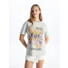 XSIDE Gri Bisiklet Yaka Baskılı Kısa Kollu Kadın Tişört