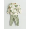 LCW baby Ekru Çiçekli Kız Bebek Sweatshirt ve Pantolon 2li Takım