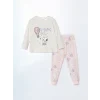 LCW Kids Ekru Bisiklet Yaka Snoopy Baskılı Kız Çocuk Pijama Takımı