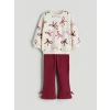 LCW Kids Ekru Fiyonk Baskılı Kız Çocuk Sweatshirt ve Tayt 2li