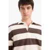 Defacto E8440AXBN539 Kahve Boxy Fit Polo Yaka Çizgili Waffle Sweatshirt