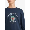 Defacto F4879AXNV135 Lacivert Star Wars-Mandalorian Pijama Takımı Uzun Kollu Üst Uzun Alt
