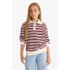 Defacto F8399A8BR194 Bordo Kız Çocuk Relax Fit Polo Yaka Çizgili Uzun Kollu Okul Tişörtü