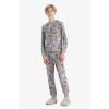 Defacto F1892A8GR265 Gri Erkek Çocuk Pijama Takımı Desenli Uzun Kollu Üst Uzun Alt