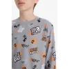Defacto F1892A8GR265 Gri Erkek Çocuk Pijama Takımı Desenli Uzun Kollu Üst Uzun Alt