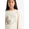 Defacto F6219 Ekru Kız Çocuk Regular Fit 2li Pijama Takımı Baskılı Uzun Kollu Üst Desenli Uzun Alt