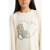 Defacto F6219 Ekru Kız Çocuk Regular Fit 2li Pijama Takımı Baskılı Uzun Kollu Üst Desenli Uzun Alt