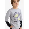 Defacto E9590A8GR160 Gri Erkek Çocuk Oversize Geniş Kalıp Bisiklet Yaka Baskılı Uzun Kollu Tişört