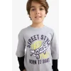 Defacto E9590A8GR160 Gri Erkek Çocuk Oversize Geniş Kalıp Bisiklet Yaka Baskılı Uzun Kollu Tişört