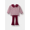 Defacto F3772A5BR285 Bordo Kız Bebek 2li Takım Okul Büyük Yaka Çizgili Uzun Kollu Tişört İspanyol Paça Tayt