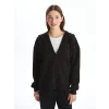 LCW Vision Siyah Kapüşonlu Oversize Kadın Kalın Fermuarlı Sweatshirt