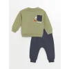 LCW baby Yeşil Bisiklet Yaka Baskılı Erkek Bebek Sweatshirt ve Eşofman Alt 2li Takım