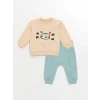 LCW baby Bej Bisiklet Yaka Uzun Kollu Baskılı Erkek Bebek Sweatshirt ve Eşofman Alt 2li Takım