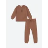 LCW Kids Kahverengi Bisiklet Yaka Uzun Kollu Baskılı Erkek Bebek Sweatshirt ve Eşofman Alt 2li Takım